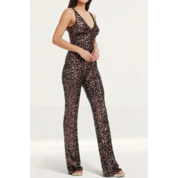 Dress the Population New Charlie Gunmetal Multi Sequined Jumpsuit Size L V-Neck - Picture 1 of 11